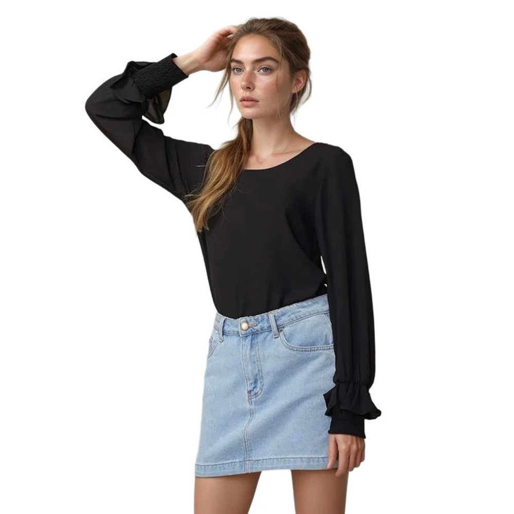 Pleione Round Neck Smocked Ruffle Cuff Sleeve Black Blouse Top Preppy Classic XS